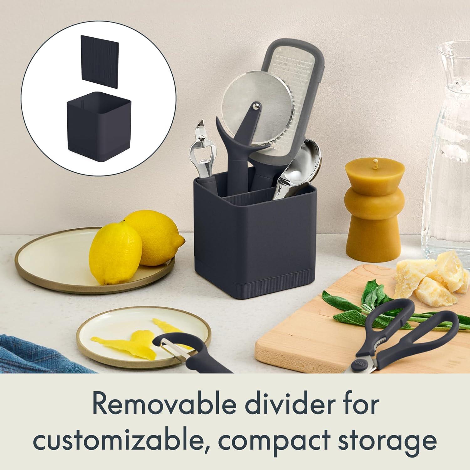 image:imagebella 7 Piece Modular Gadget Set Grater Pizza Cutter Ice Cream Scoop Peeler Shears Bottle Opener Crock with removable divider Dishwasher Safe SlateSlate