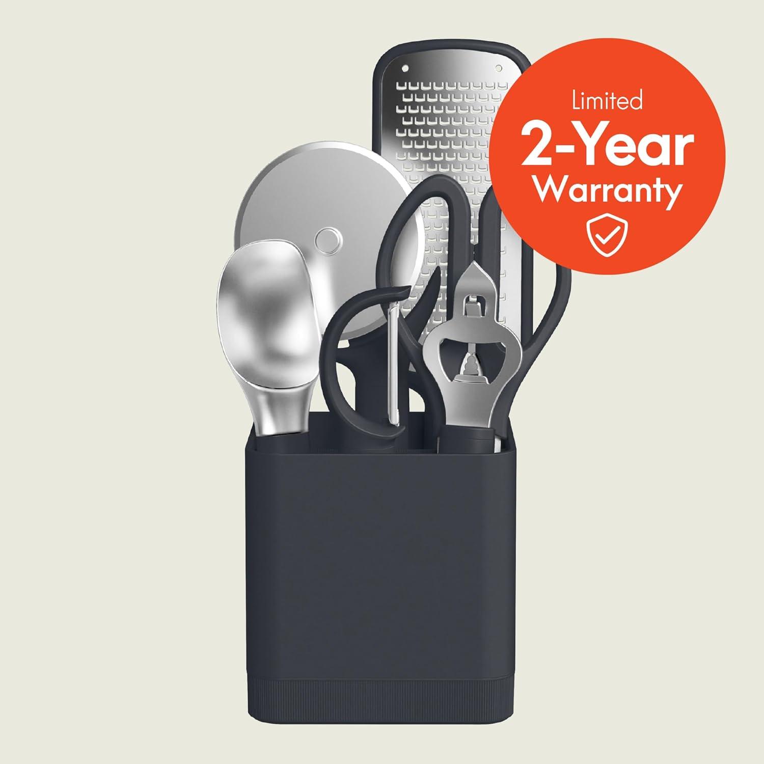 image:imagebella 7 Piece Modular Gadget Set Grater Pizza Cutter Ice Cream Scoop Peeler Shears Bottle Opener Crock with removable divider Dishwasher Safe SlateSlate