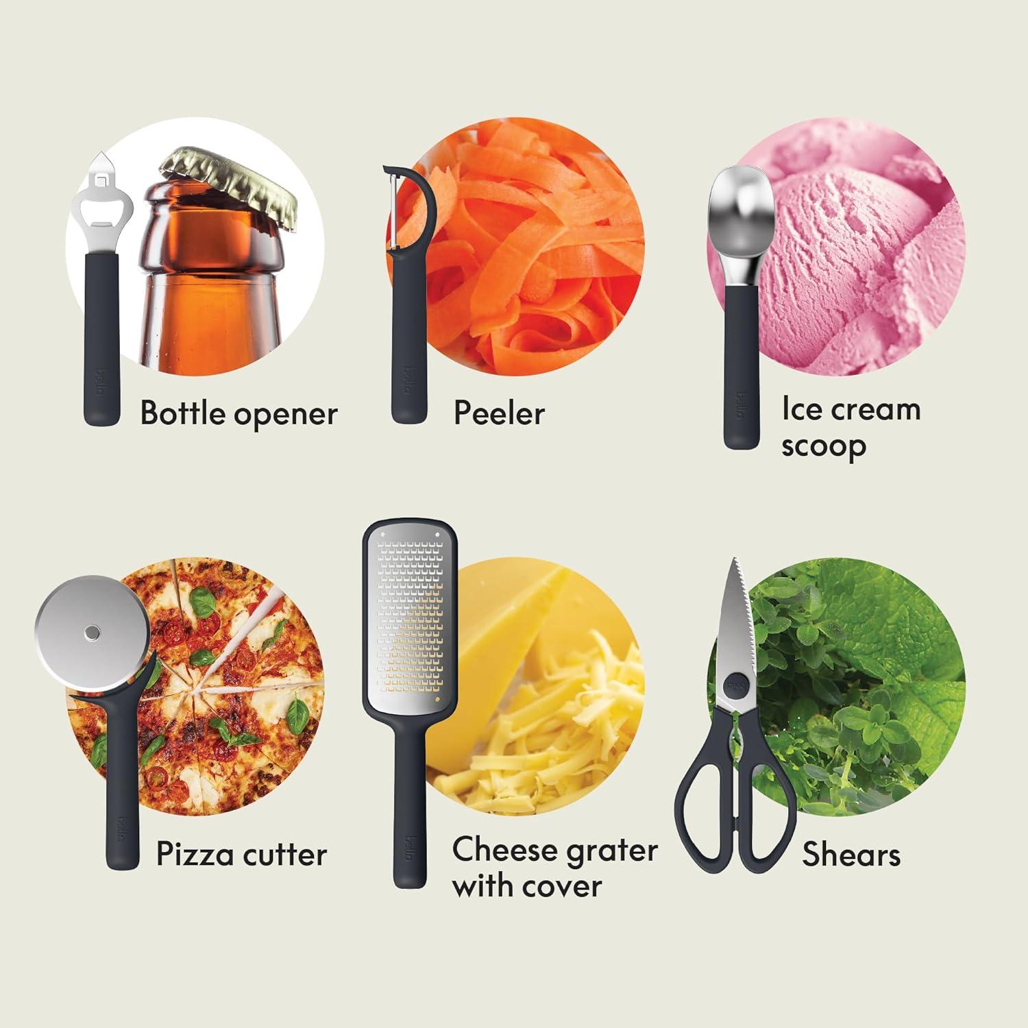 image:imagebella 7 Piece Modular Gadget Set Grater Pizza Cutter Ice Cream Scoop Peeler Shears Bottle Opener Crock with removable divider Dishwasher Safe SlateSlate