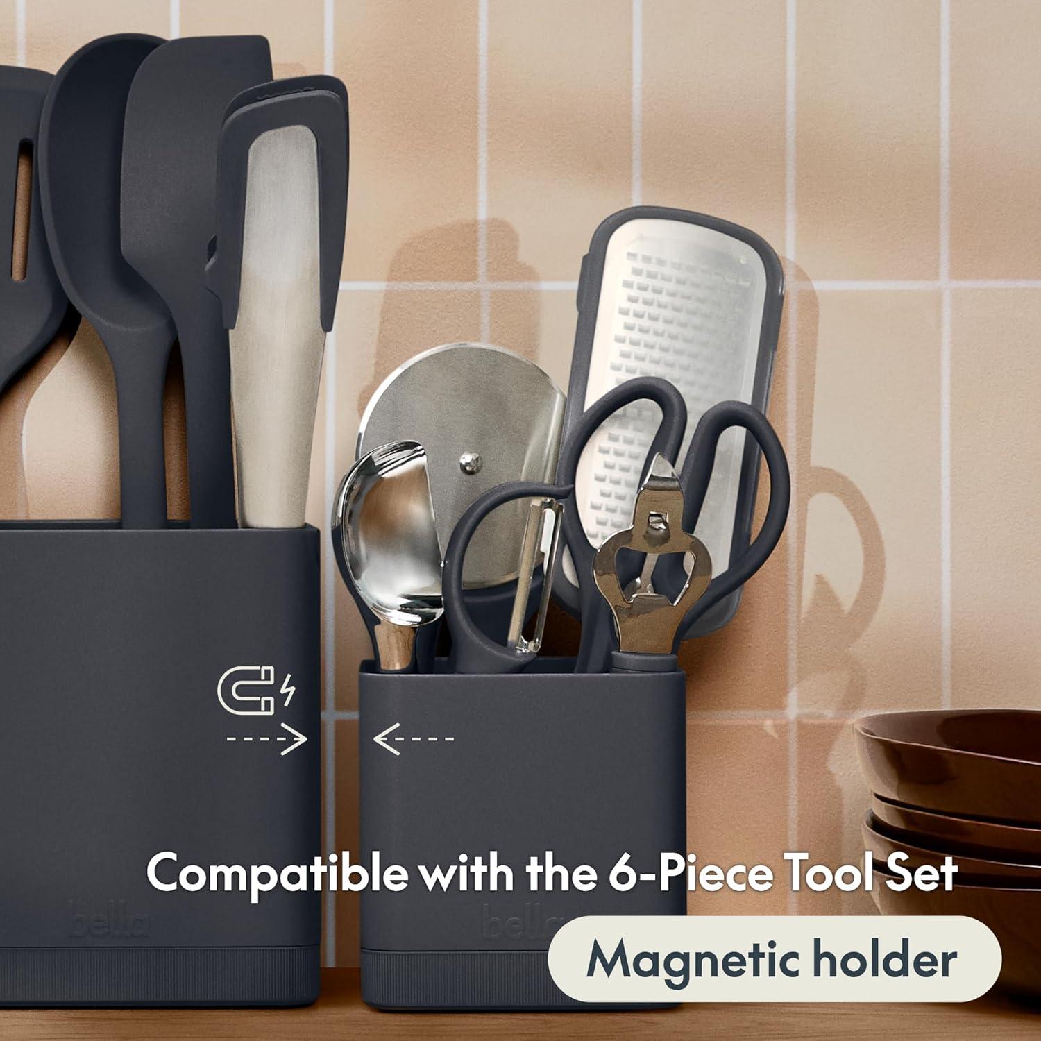 image:imagebella 7 Piece Modular Gadget Set Grater Pizza Cutter Ice Cream Scoop Peeler Shears Bottle Opener Crock with removable divider Dishwasher Safe SlateSlate