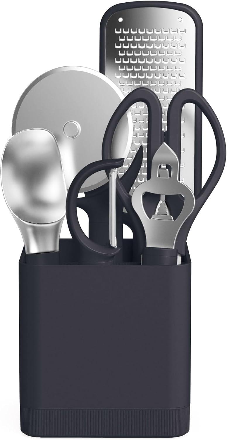image:imagebella 7 Piece Modular Gadget Set Grater Pizza Cutter Ice Cream Scoop Peeler Shears Bottle Opener Crock with removable divider Dishwasher Safe SlateSlate