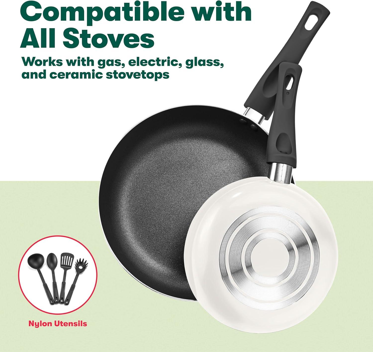 image:imagebella Cookware Set 12 Piece Pots and Pans with Utensils Nonstick PFOA Free Scratch Resistant Cooking Surface Compatible with All Stoves Nylon and Aluminum BlackCream