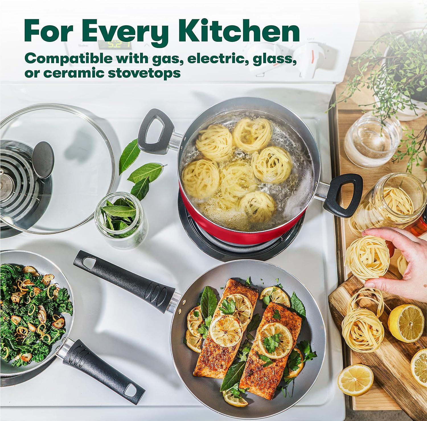 image:imagebella Cookware Set 12 Piece Pots and Pans with Utensils Nonstick PFOA Free Scratch Resistant Cooking Surface Compatible with All Stoves Nylon and Aluminum BlackRed