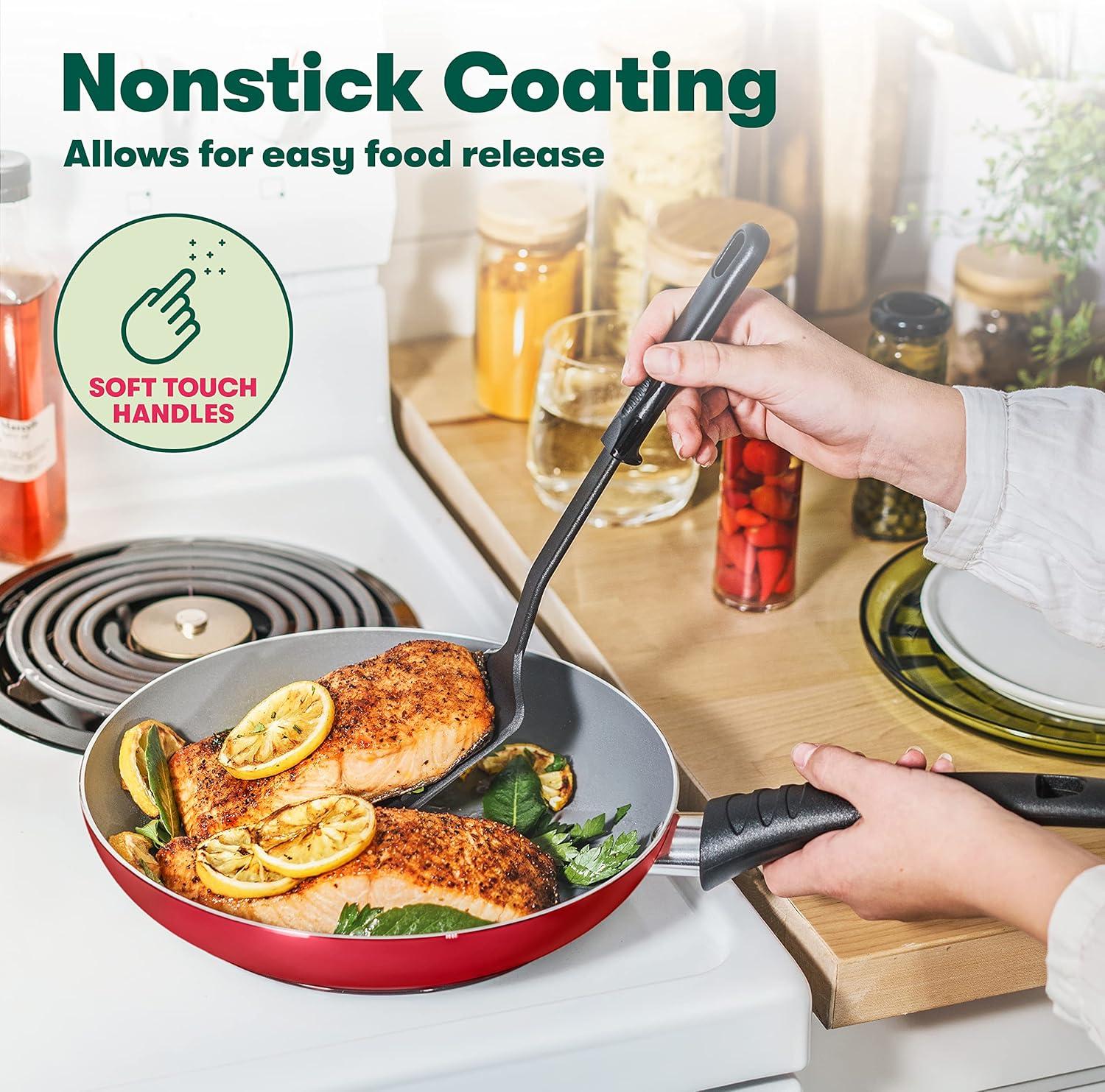 image:imagebella Cookware Set 12 Piece Pots and Pans with Utensils Nonstick PFOA Free Scratch Resistant Cooking Surface Compatible with All Stoves Nylon and Aluminum BlackRed