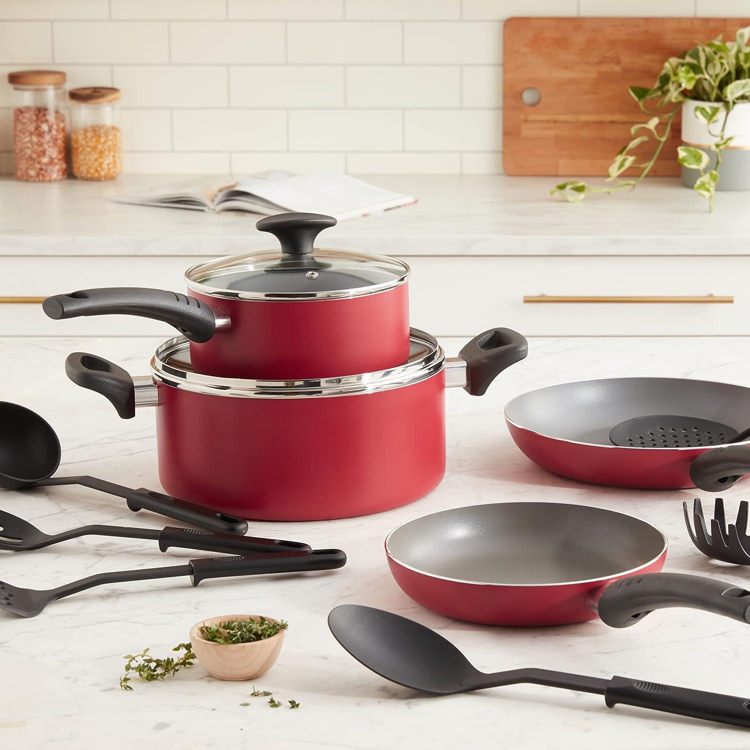 image:imagebella Cookware Set 12 Piece Pots and Pans with Utensils Nonstick PFOA Free Scratch Resistant Cooking Surface Compatible with All Stoves Nylon and Aluminum BlackRed