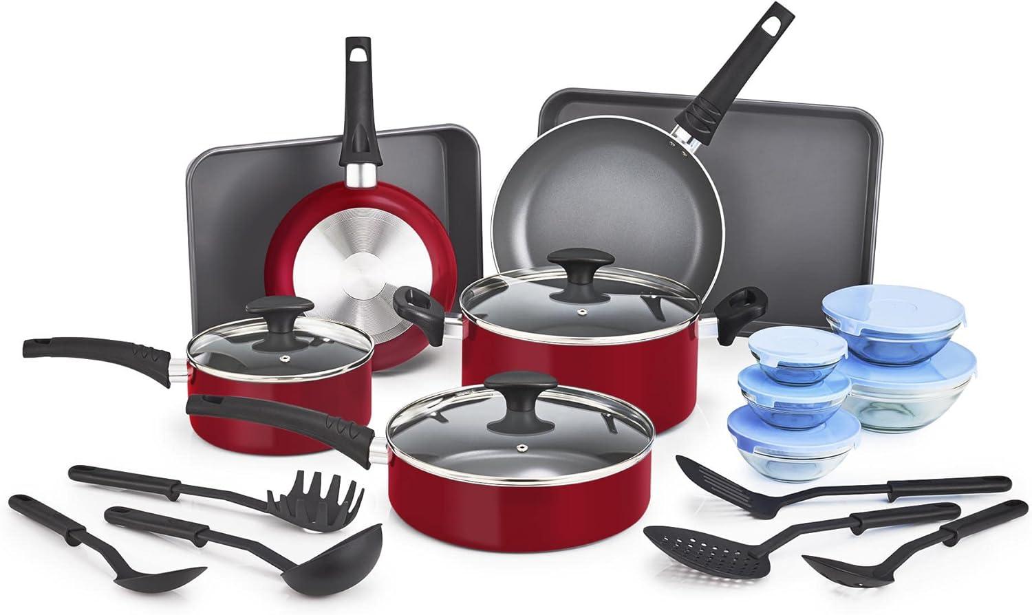 image:imagebella Cookware Set 12 Piece Pots and Pans with Utensils Nonstick PFOA Free Scratch Resistant Cooking Surface Compatible with All Stoves Nylon and Aluminum BlackRed