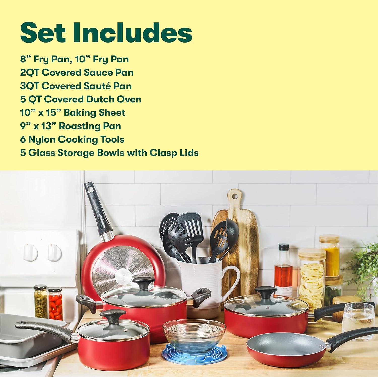 image:imagebella Cookware Set 12 Piece Pots and Pans with Utensils Nonstick PFOA Free Scratch Resistant Cooking Surface Compatible with All Stoves Nylon and Aluminum BlackRed