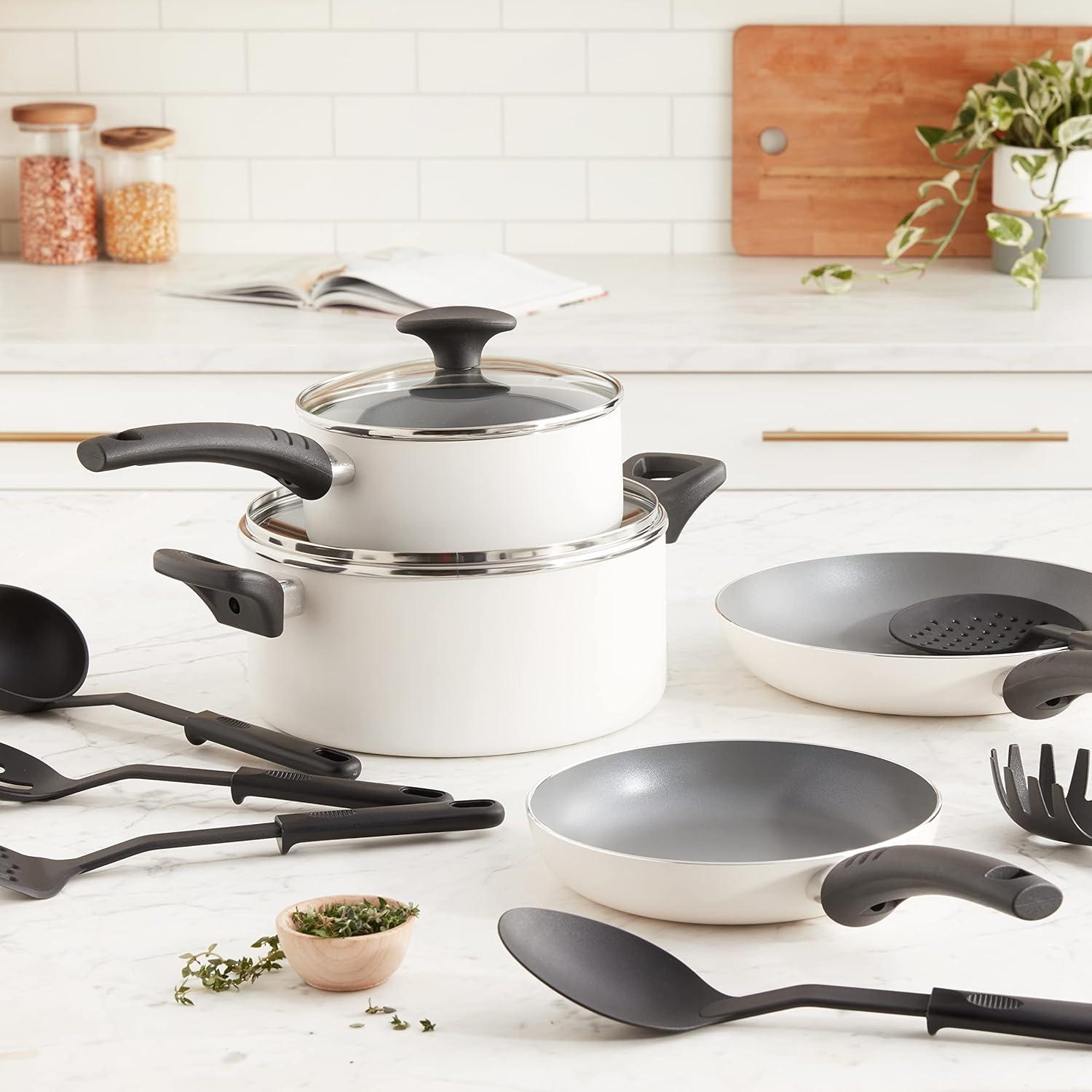 image:imagebella Cookware Set 12 Piece Pots and Pans with Utensils Nonstick PFOA Free Scratch Resistant Cooking Surface Compatible with All Stoves Nylon and Aluminum BlackCream