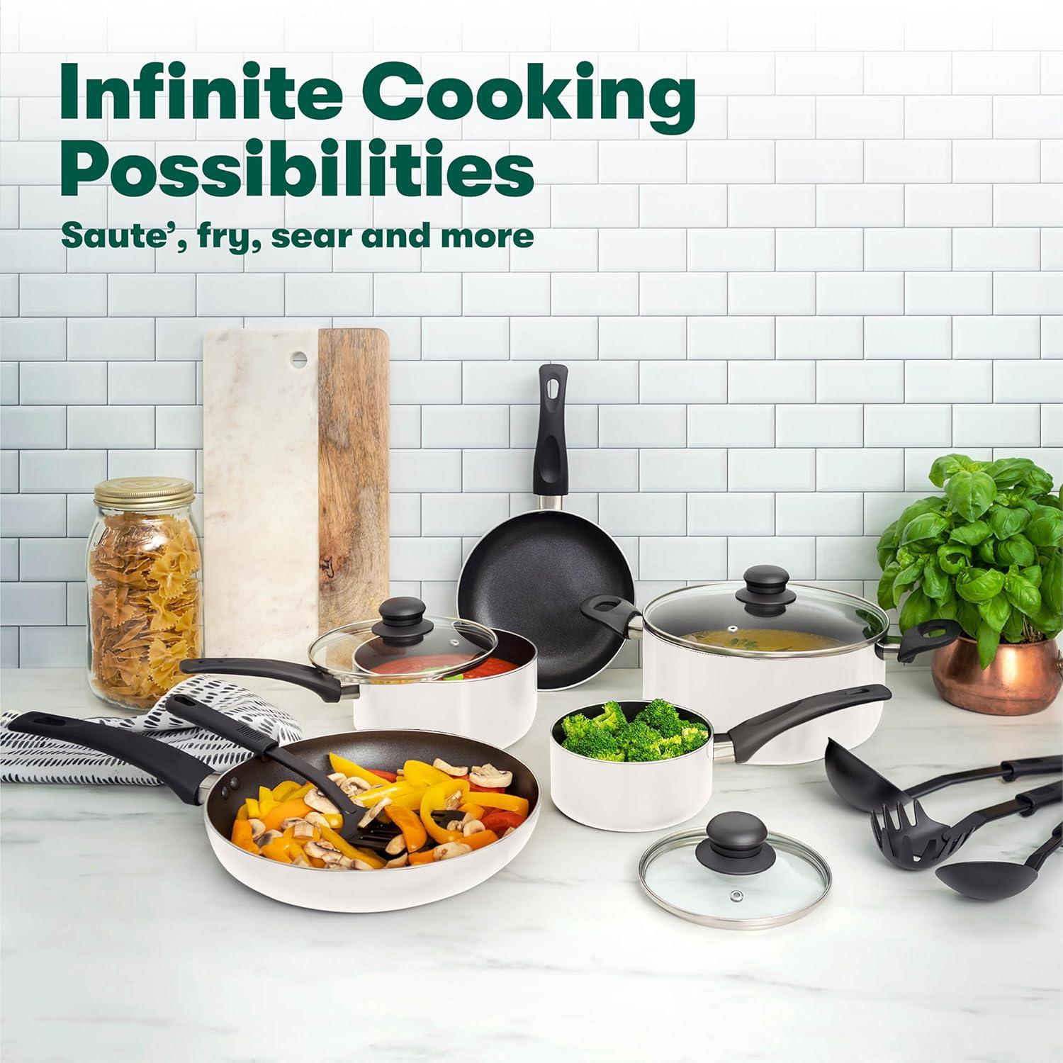 image:imagebella Cookware Set 12 Piece Pots and Pans with Utensils Nonstick PFOA Free Scratch Resistant Cooking Surface Compatible with All Stoves Nylon and Aluminum BlackCream