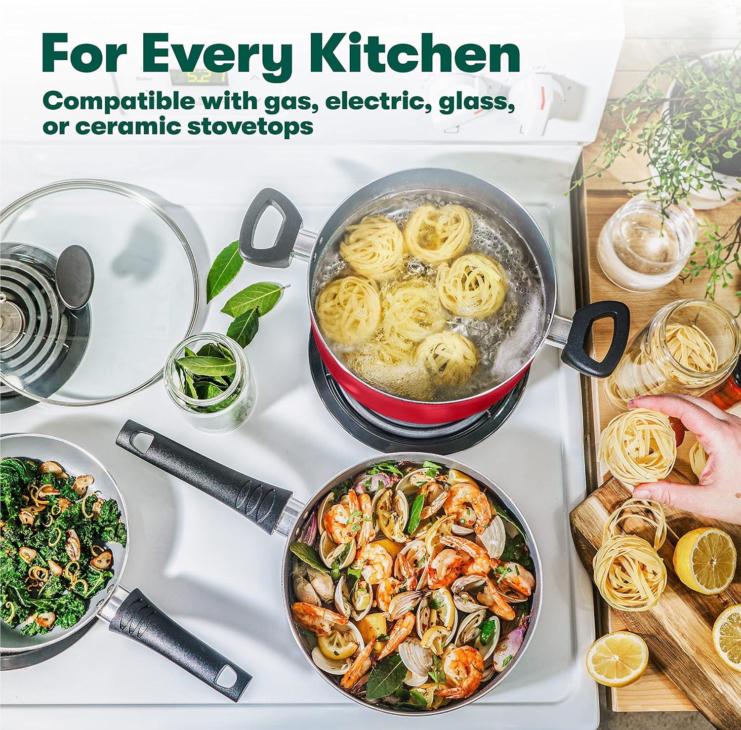 image:imagebella Cookware Set 12 Piece Pots and Pans with Utensils Nonstick PFOA Free Scratch Resistant Cooking Surface Compatible with All Stoves Nylon and Aluminum BlackRed