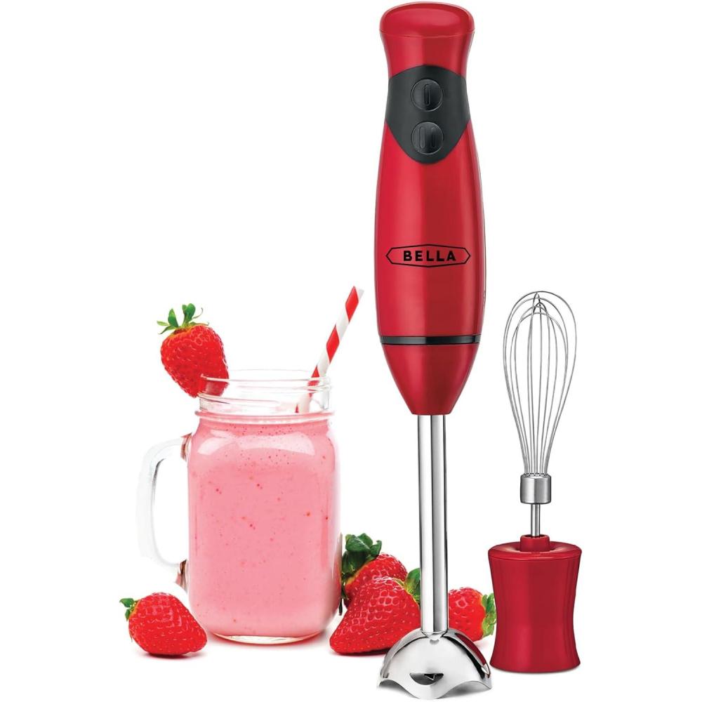 image:imageBELLA Immersion Hand Blender Portable Mixer with Whisk Attachment Electric Handheld Juicer Shakes Baby Food and Smoothie Maker Stainless Steel BlackRed