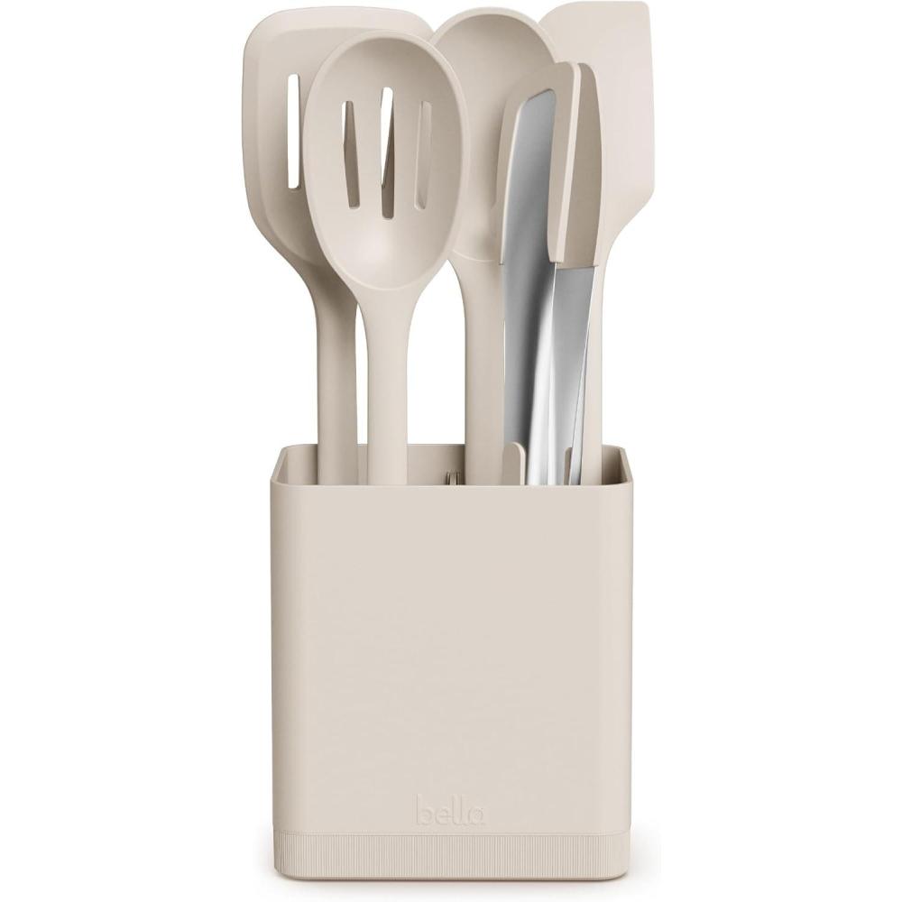 image:imagebella 7 Piece Modular Gadget Set Grater Pizza Cutter Ice Cream Scoop Peeler Shears Bottle Opener Crock with removable divider Dishwasher Safe SlateOatmilk