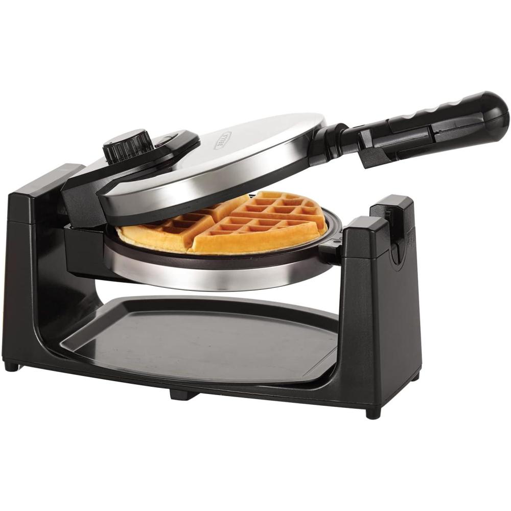 image:imagebella Classic Rotating Belgian Waffle Maker with Nonstick Plates Removable Drip Tray Adjustable Browning Control and Cool Touch Handles Stainless SteelPolished Stainless Steel