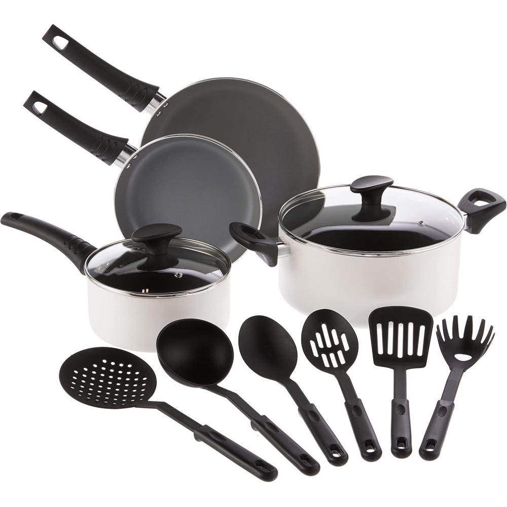 image:imagebella Cookware Set 12 Piece Pots and Pans with Utensils Nonstick PFOA Free Scratch Resistant Cooking Surface Compatible with All Stoves Nylon and Aluminum BlackCream