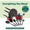 bella Cookware Set, 12 Piece Pots and Pans with Utensils, Nonstick PFOA Free Scratch Resistant Cooking Surface Compatible with All Stoves, Nylon and Aluminum, Black(Red)
