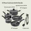 bella Cookware Set, 12 Piece Pots and Pans with Utensils, Nonstick PFOA Free Scratch Resistant Cooking Surface Compatible with All Stoves, Nylon and Aluminum, Black(Black)