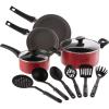 bella Cookware Set, 12 Piece Pots and Pans with Utensils, Nonstick PFOA Free Scratch Resistant Cooking Surface Compatible with All Stoves, Nylon and Aluminum, Black(Red)