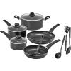 bella Cookware Set, 12 Piece Pots and Pans with Utensils, Nonstick PFOA Free Scratch Resistant Cooking Surface Compatible with All Stoves, Nylon and Aluminum, Black(Black)