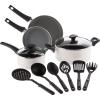 bella Cookware Set, 12 Piece Pots and Pans with Utensils, Nonstick PFOA Free Scratch Resistant Cooking Surface Compatible with All Stoves, Nylon and Aluminum, Black(Cream)