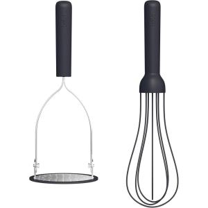 bella 2 Piece Compact Masher and Whisk Set, Fold Flat, Stainless steel and silicone, Foldable Masher, Ballon Whisk, Flat Whisk, Non-stick, Nonslip, Heat safe to 425°F, Slate(Slate)