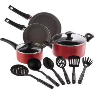 bella Cookware Set, 12 Piece Pots and Pans with Utensils, Nonstick PFOA Free Scratch Resistant Cooking Surface Compatible with All Stoves, Nylon and Aluminum, Black(Red)