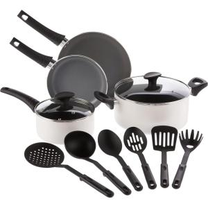 bella Cookware Set, 12 Piece Pots and Pans with Utensils, Nonstick PFOA Free Scratch Resistant Cooking Surface Compatible with All Stoves, Nylon and Aluminum, Black(Cream)